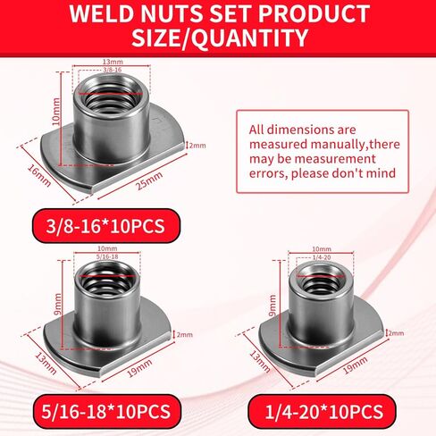 30Pcs Weld Nuts Set,T-Shaped Weld Nuts Kit,3/8 in,5/16 in,1/4 in Tab Base UNC Carbon Steel Machine Screw,T-Nuts 2 and 4 Projection Base for Furniture,Vehicles,Caster and Industry Machine in Kuwait