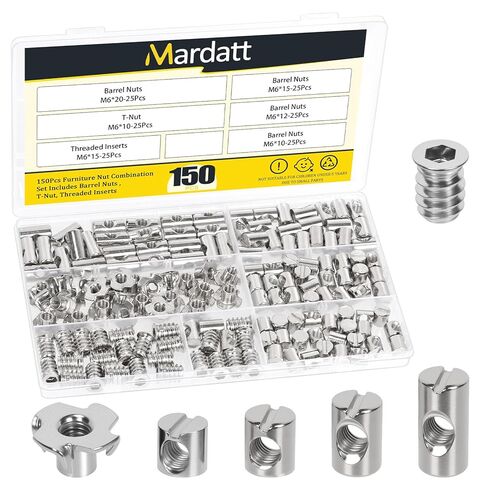 Mardatt 150 قطعة M6 × 10/12/15/20 مم صواميل أسطوانية، أوتاد متقاطعة من الفولاذ الكربوني المطلي بالنيكل الفضي، صواميل أسطوانية مشقوقة، M6 × 15 مم إدراجات ملولبة مع مجموعة صواميل T M6 × 10 مم، لبرغي الأثاث الخشبي in Kuwait