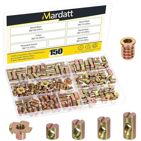 Mardatt 60PCS M6 x 10/12/15/20mm Barrel Nuts, Yellow Zinc-Plated Carbon Steel Cross Dowels Slotted Barrel Nut, M6 x 15mm Threaded Inserts with M6 x 10mm T-Nuts Kit, for Wood Furniture Screw in Kuwait