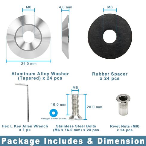 Rolling Gears 24-Piece M6 x 24mm Anodized Aluminum Tapered Washer Kit for Widebody, Fender Flares, Bumper, Mud Flaps, Engine Bay Dress-Up (Silver) in Saudi Arabia
