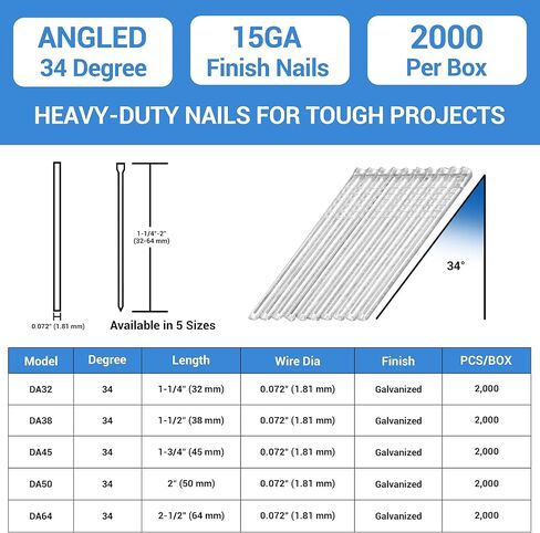 meite 15 Gauge Angled Finish Nails, 1-1/2-Inch 34 Degree DA Series Galvanized Finishing Nails for Nailer Guns - Perfect for Window Trim, Cabinet Building and Other DIY Projects (2,000 Counts) in Saudi Arabia