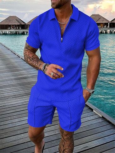 Men's short sets outfits 2 piece summer tracksuit short sleeve polo shirt and shorts set casual sport suit in Saudi Arabia