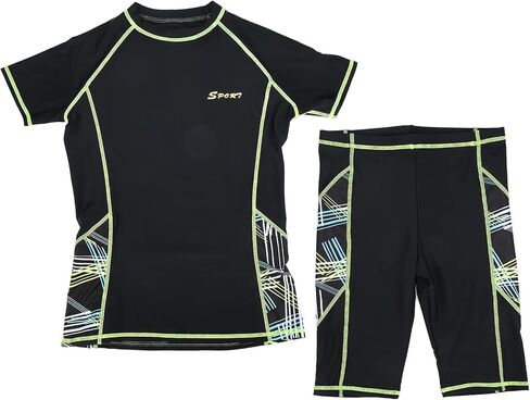 Men 2 Pieces Wetsuit Short Sleeve Shirt with Swim Shorts Elastic Comfortable Diving Suit for Surfing Swimming Polyamide Fiber Fluorescent Green Edge in Saudi Arabia