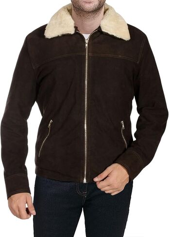 Men's Brown Suede Leather Fur Shearling Collar Jacket - Black Leather Motorcycle Jacket Men - Brown Corduroy Coat in Kuwait