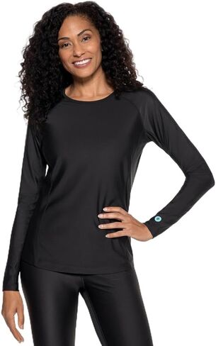 Coolibar UPF 50+ Women's Hightide Lite Long Sleeve Swim Shirt, Black, X-Small, Solid - Sun Protective in Saudi Arabia
