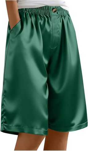 Women's Satin Silky Shorts Straight Leg Metallic Knee Length Shorts Casual Button Down Elastic Waist Pants with Pockets in Saudi Arabia