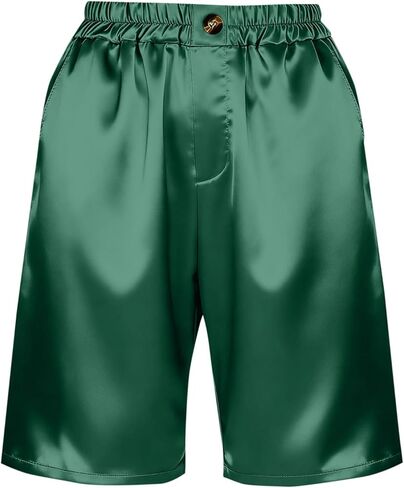 Women's Satin Silky Shorts Straight Leg Metallic Knee Length Shorts Casual Button Down Elastic Waist Pants with Pockets in Saudi Arabia