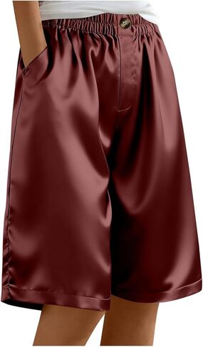 Women's Satin Silky Shorts Straight Leg Metallic Knee Length Shorts Casual Button Down Elastic Waist Pants with Pockets in Saudi Arabia