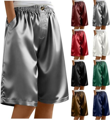 Women's Satin Silky Shorts Straight Leg Metallic Knee Length Shorts Casual Button Down Elastic Waist Pants with Pockets in Saudi Arabia