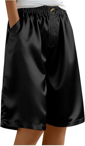 Women's Satin Silky Shorts Straight Leg Metallic Knee Length Shorts Casual Button Down Elastic Waist Pants with Pockets in Saudi Arabia
