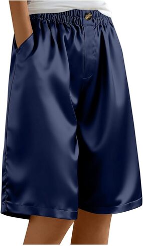 Women's Satin Silky Shorts Straight Leg Metallic Knee Length Shorts Casual Button Down Elastic Waist Pants with Pockets in Saudi Arabia