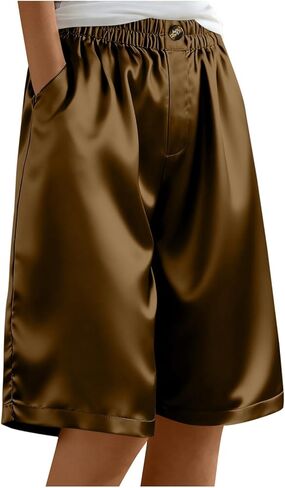 Women's Satin Silky Shorts Straight Leg Metallic Knee Length Shorts Casual Button Down Elastic Waist Pants with Pockets in Saudi Arabia