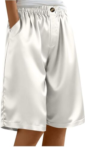 Women's Satin Silky Shorts Straight Leg Metallic Knee Length Shorts Casual Button Down Elastic Waist Pants with Pockets in Saudi Arabia