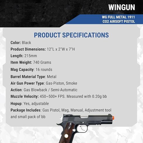 500 إطارًا في الثانية مسدس يدوي كامل المعدن wg airsoft m 1911 غاز ثاني أكسيد الكربون مع 6 مم bb bbs (مسدس airsoft) in Kuwait