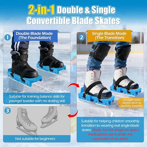 Tryly 1/2 Pairs Upgraded Toddler Ice Skates, Kids Adjustable 2-in-1 Double & Single Convertible Blade Skates with Hook and Loop Fastener Straps for Winter Toddler Training Shoes Beginner in Saudi Arabia