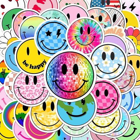 BEATRI Smiley Stickers 50Pcs Smiley Face Vinyl Waterproof Sticker Aesthetic Stickers Decor Smiling Groovy Stickers for Water Bottle Laptop Phone in Kuwait
