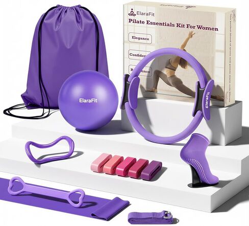 ElaraFit Home Pilates Ring and Ball Set للنساء مع 5 أشرطة مقاومة 13 بوصة مجموعة أدوات أساسية للتمرين على شكل دائرة سحرية للمبتدئين، تنغيم الجسم بالكامل وتشكيل جسمك مع روتين يومي لمدة 15 دقيقة in Kuwait