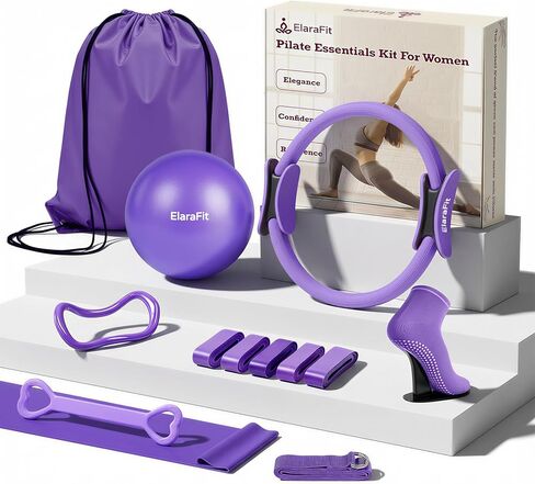 ElaraFit Home Pilates Ring and Ball Set للنساء مع 5 أشرطة مقاومة 13 بوصة مجموعة أدوات أساسية للتمرين على شكل دائرة سحرية للمبتدئين، تنغيم الجسم بالكامل وتشكيل جسمك مع روتين يومي لمدة 15 دقيقة in Kuwait