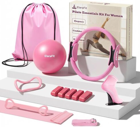 ElaraFit Home Pilates Ring and Ball Set for Women with 5 Resistance Bands 13 inch Magic Circle Workout Essentials Starter Kit for Beginners, Full Body Toning Shape Your Body with 15 Min Daily Routine in Saudi Arabia
