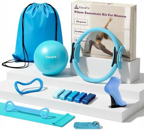 ElaraFit Home Pilates Ring and Ball Set للنساء مع 5 أشرطة مقاومة 13 بوصة مجموعة أدوات أساسية للتمرين على شكل دائرة سحرية للمبتدئين، تنغيم الجسم بالكامل وتشكيل جسمك مع روتين يومي لمدة 15 دقيقة in Kuwait