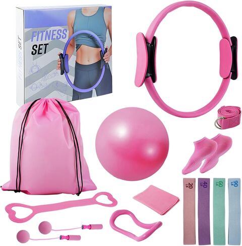Pilates Equipment Set for Women, 13-in-1 Home Pilates Workout Kit with 12.9" Ring, 9.8" Ball, 4 Fabric Resistance Loop Bands, Figure-8, Stretch Strap, Cordless Jump Rope, Yoga Socks & Carry Bagh in Saudi Arabia
