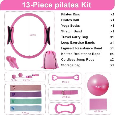 Pilates Equipment Set for Women, 13-in-1 Home Pilates Workout Kit with 12.9" Ring, 9.8" Ball, 4 Fabric Resistance Loop Bands, Figure-8, Stretch Strap, Cordless Jump Rope, Yoga Socks & Carry Bagh in Saudi Arabia
