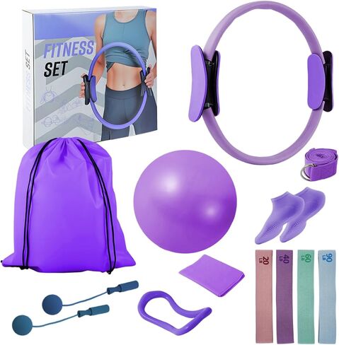 Pilates Equipment Set for Women, 13-in-1 Home Pilates Workout Kit with 12.9" Ring, 9.8" Ball, 4 Fabric Resistance Loop Bands, Figure-8, Stretch Strap, Cordless Jump Rope, Yoga Socks & Carry Bagh in Saudi Arabia