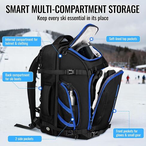 YOREPEK 65L Ski Boot Bag, Waterproof Ski Snowboard Backpack with Clamshell Opening, Separate Compartments for Boots, Helmet, Goggles, Jacket, Pants, Accessories for Adults, Mini Pockets for AirTag in Saudi Arabia