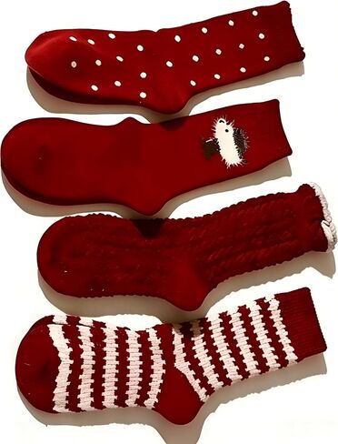 Cozy Winter Knit Socks, Red and White, Retro Style Holiday Stockings with Polka Dots, Stripes and Animal Pattern, 4 Pairs in Saudi Arabia