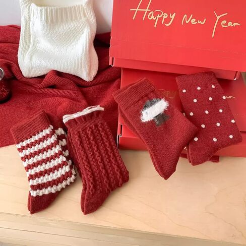Cozy Winter Knit Socks, Red and White, Retro Style Holiday Stockings with Polka Dots, Stripes and Animal Pattern, 4 Pairs in Saudi Arabia