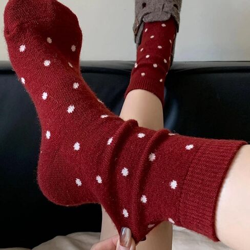 Cozy Winter Knit Socks, Red and White, Retro Style Holiday Stockings with Polka Dots, Stripes and Animal Pattern, 4 Pairs in Saudi Arabia