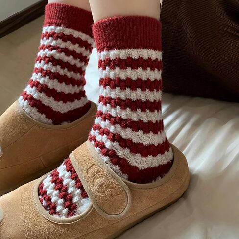 Cozy Winter Knit Socks, Red and White, Retro Style Holiday Stockings with Polka Dots, Stripes and Animal Pattern, 4 Pairs in Saudi Arabia