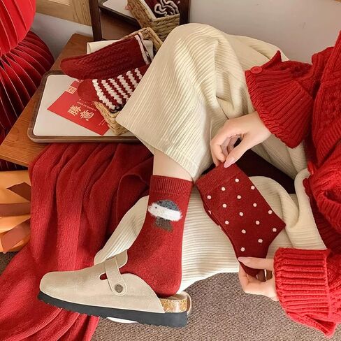 Cozy Winter Knit Socks, Red and White, Retro Style Holiday Stockings with Polka Dots, Stripes and Animal Pattern, 4 Pairs in Saudi Arabia