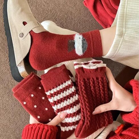 Cozy Winter Knit Socks, Red and White, Retro Style Holiday Stockings with Polka Dots, Stripes and Animal Pattern, 4 Pairs in Saudi Arabia