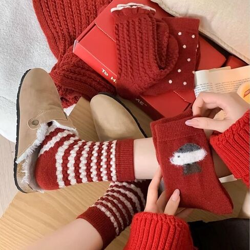 Cozy Winter Knit Socks, Red and White, Retro Style Holiday Stockings with Polka Dots, Stripes and Animal Pattern, 4 Pairs in Saudi Arabia