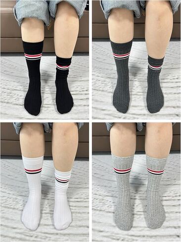 Unisex Striped Mid-Calf Cotton Socks for Men and Women Comfortable, Sweat-Wicking, Breathable Vertical Stripes Sporty, Fashionable, Trendy Socks (4 Pairs/Box) in Saudi Arabia
