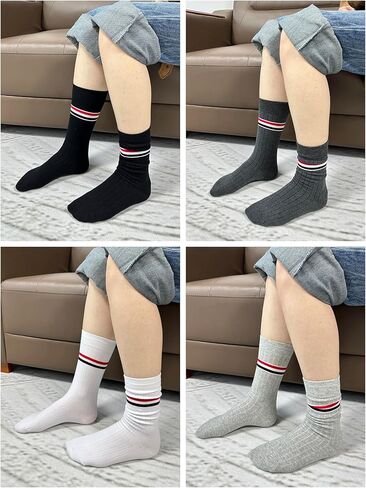 Unisex Striped Mid-Calf Cotton Socks for Men and Women Comfortable, Sweat-Wicking, Breathable Vertical Stripes Sporty, Fashionable, Trendy Socks (4 Pairs/Box) in Saudi Arabia