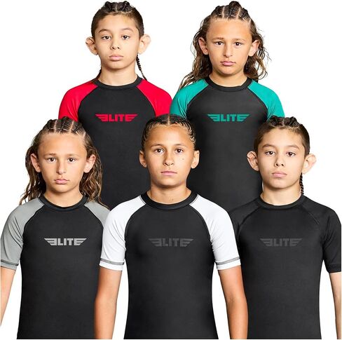 Elite Sports Kids Jiu Jitsu BJJ Rash Guard, Short Half Sleeve Compression Shirt for Youth Boys Girls Sports Nogi Training Black in Saudi Arabia
