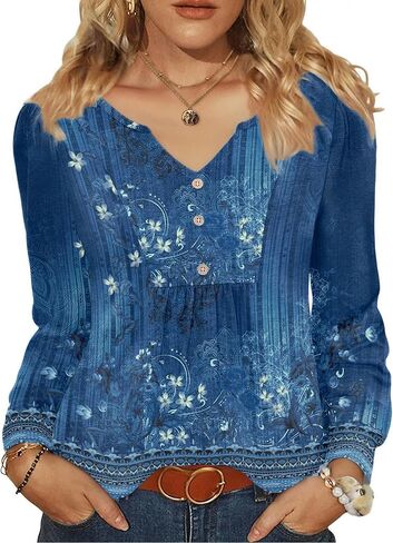 Zeagoo Long Sleeve Shirts for Women 2025 Casual Pleated V Neck Fall Tunic Tops Button Down Blouse Dressy Loose T-Shirts in Kuwait