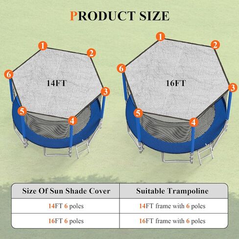 غطاء ظل الترامبولين من Inlisy بطول 14-16 قدمًا و6 أقطاب مقاس كبير، خيمة فقط، غطاء ترامبولين صغير للحماية من الشمس، مظلة ترامبولين سهلة التركيب (فضي، 16 قدم) in Kuwait