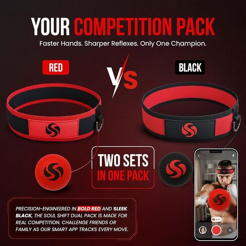 Soul Shift - Boxing Reflex Ball – Dual Competition Set | 2 Adjustable Headbands + 2 Training Balls + App Included | Speed, Agility & Hand-Eye Coordination for Adults & Kids | MMA Training Equipment in Kuwait