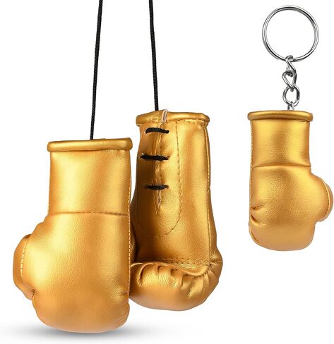مجموعة قفازات الملاكمة الصغيرة من تيتان - تتضمن سلسلة مفاتيح متطابقة | الجلود الاصطناعية | مرآة الرؤية الخلفية للسيارة، حقيبة صالة الألعاب الرياضية، خزانة، حقيبة ظهر | ملحق سيارة صغير الحجم (ذهبي، طول 4 بوصة × عرض 2 بوصة) in Kuwait