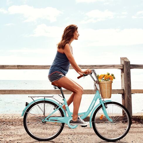 MarKnig Beach Cruiser Bike, 24/26 inch Commuter Bicycle for Women and Men, High-Carbon Steel Comfortable City Bikes with Basket in Kuwait