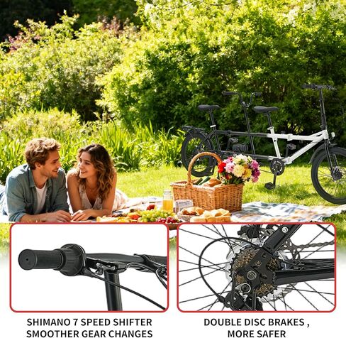 FLICKAT Foldable Tandem Bike for Couples & Friends - 20 Inch 7-Speed Adventure Bike with Dual Disc Brakes, Rear Rack - Perfect for Shared Leisure Rides and Commutes in Saudi Arabia