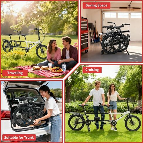 FLICKAT Folding Tandem Bike,20 Inch 7-Speed Two Person Bicycle, High Carbon Steel City Beach Cruiser with Dual Disc Brakes, Adjustable Seat Height, Portable 2-Seater Bike for Travel in Saudi Arabia