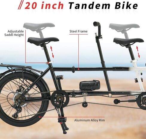FLICKAT Folding Tandem Bike,20 Inch 7-Speed Two Person Bicycle, High Carbon Steel City Beach Cruiser with Dual Disc Brakes, Adjustable Seat Height, Portable 2-Seater Bike for Travel in Saudi Arabia