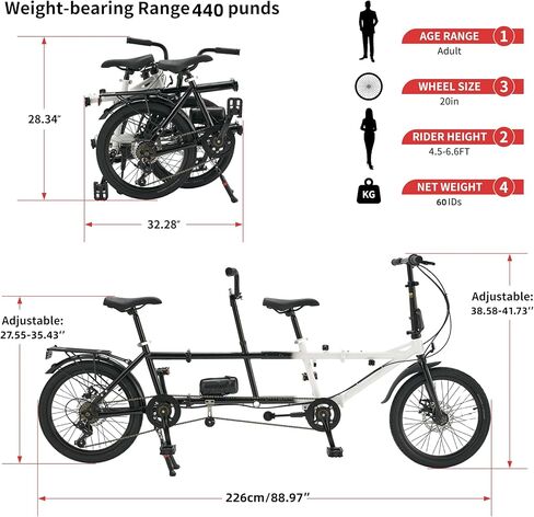FLICKAT Folding Tandem Bike,20 Inch 7-Speed Two Person Bicycle, High Carbon Steel City Beach Cruiser with Dual Disc Brakes, Adjustable Seat Height, Portable 2-Seater Bike for Travel in Saudi Arabia