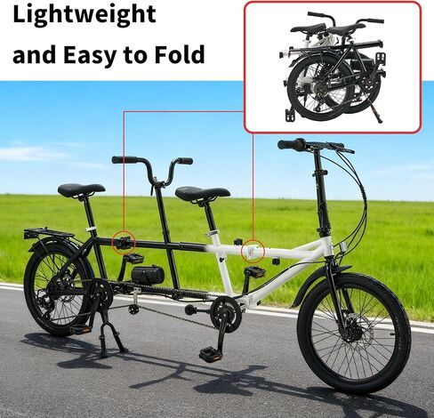 FLICKAT Folding Tandem Bike,20 Inch 7-Speed Two Person Bicycle, High Carbon Steel City Beach Cruiser with Dual Disc Brakes, Adjustable Seat Height, Portable 2-Seater Bike for Travel in Saudi Arabia