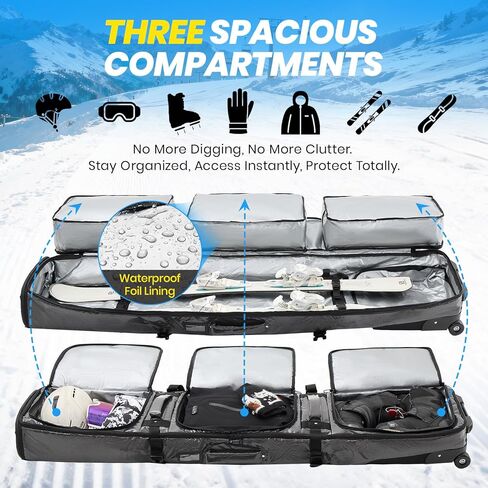 Fanwoli Snowboard Ski Bag with Wheels | Fully Padded Ski Bags for Air Travel | Fits 155-185cm Skis/Snowboard & US 13 Boots | 900D Waterproof TPU & Removable Shoulder Straps | Expandable & Foldable in Kuwait