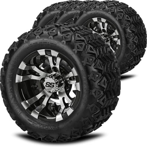 RM Cart – 10" Warlock Black/Machined on 18x9.50-10 Black Trail Tires (Set of 4) | Fits Club Car & EZ-Go Carts | Golf Cart Tires and Wheels Combo | Can be Used on Lawn Mowers and ATV's in Kuwait